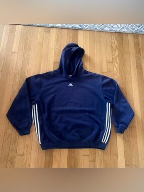 Vintage Adidas Hoodie Y2K Fade Baggy Fit 2003 Navy Distressed XL Center Logo